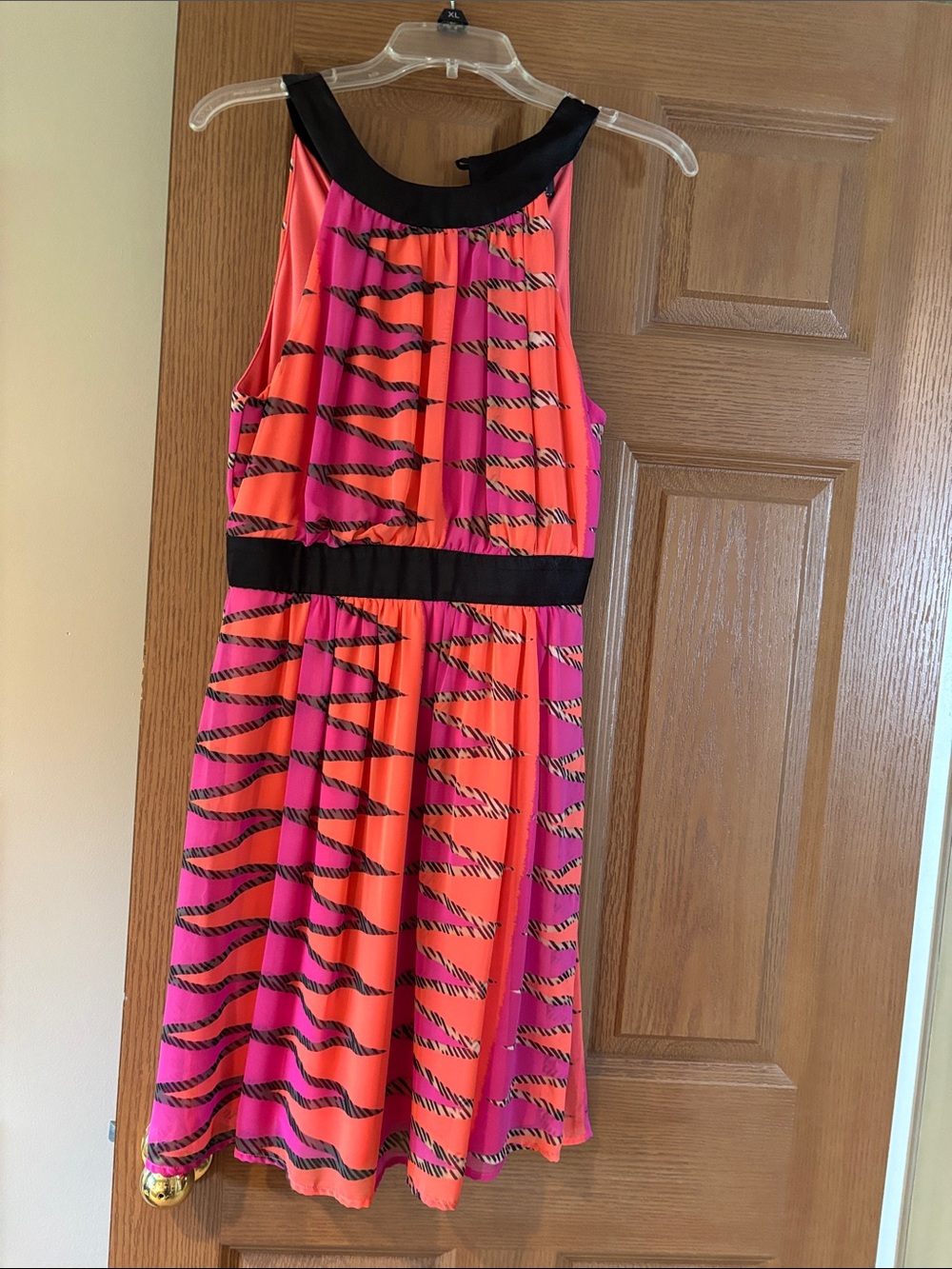 Luxology Pink and Orange Striped Sleeveless Dress with Black Trim